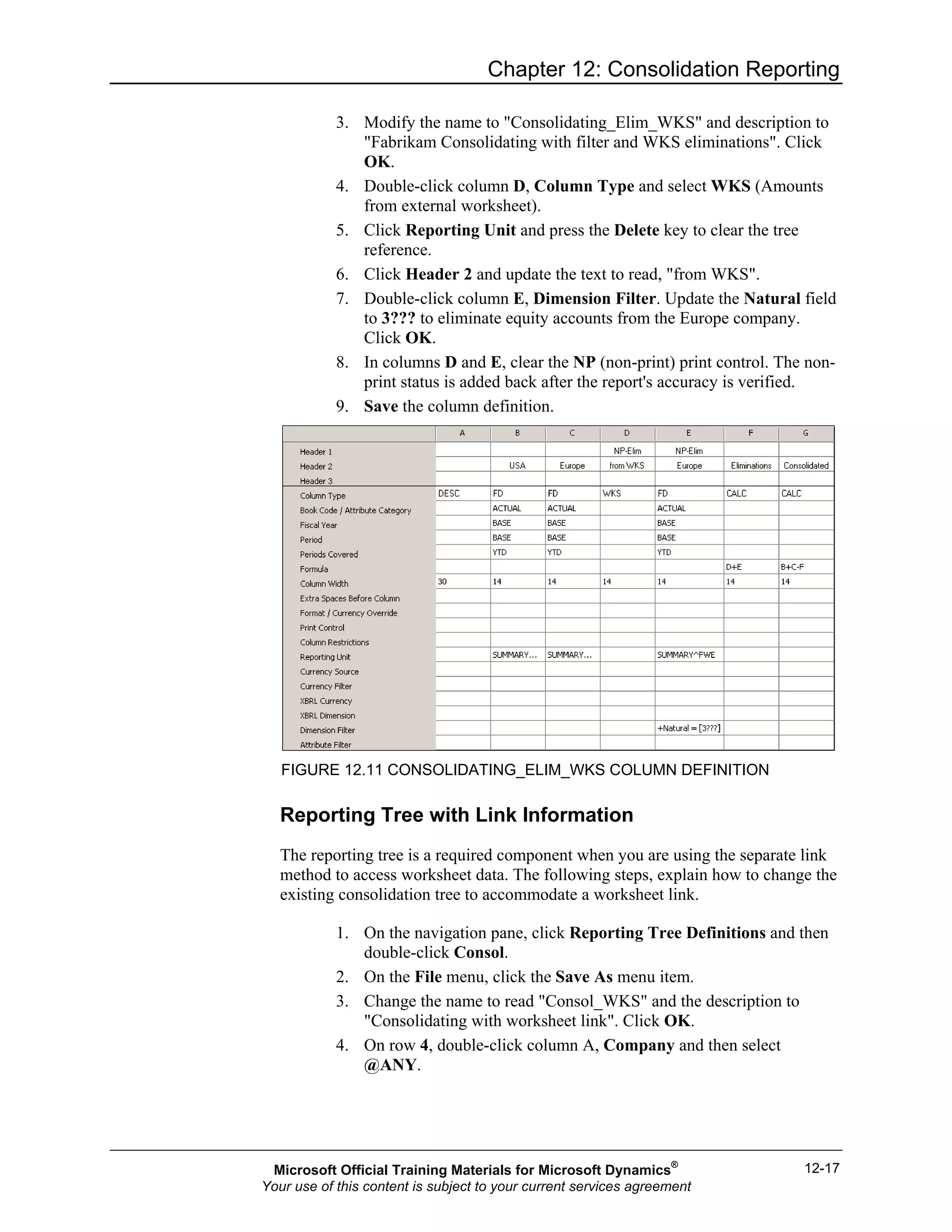 Chapter 12: Consolidation Reporting
12-17
3. Modify the name to "Consolidating_Elim_WKS" and description to
"Fabrikam Consolidating with filter and WKS eliminations". Click
OK.
4. Double-click column D, Column Type and select WKS (Amounts
from external worksheet).
5. Click Reporting Unit and press the Delete key to clear the tree
reference.
6. Click Header 2 and update the text to read, "from WKS".
7. Double-click column E, Dimension Filter. Update the Natural field
to 3??? to eliminate equity accounts from the Europe company.
Click OK.
8. In columns D and E, clear the NP (non-print) print control. The non-
print status is added back after the report's accuracy is verified.
9. Save the column definition.
FIGURE 12.11 CONSOLIDATING_ELIM_WKS COLUMN DEFINITION
Reporting Tree with Link Information
The reporting tree is a required component when you are using the separate link
method to access worksheet data. The following steps, explain how to change the
existing consolidation tree to accommodate a worksheet link.
1. On the navigation pane, click Reporting Tree Definitions and then
double-click Consol.
2. On the File menu, click the Save As menu item.
3. Change the name to read "Consol_WKS" and the description to
"Consolidating with worksheet link". Click OK.
4. On row 4, double-click column A, Company and then select
@ANY.
Microsoft Official Training Materials for Microsoft Dynamics®
Your use of this content is subject to your current services agreement
 