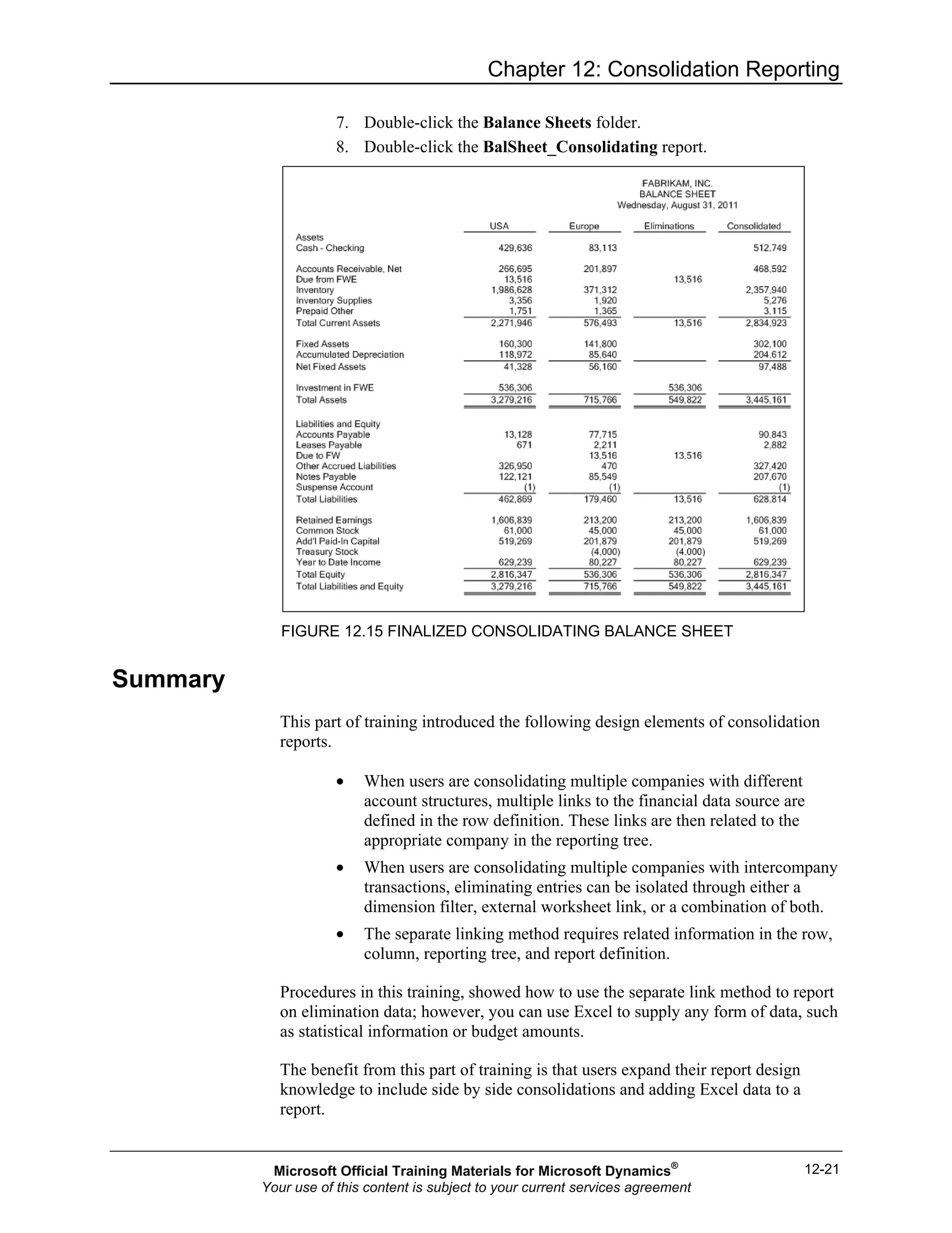 Chapter 12: Consolidation Reporting
12-21
7. Double-click the Balance Sheets folder.
8. Double-click the BalSheet_Consolidating report.
FIGURE 12.15 FINALIZED CONSOLIDATING BALANCE SHEET
Summary
This part of training introduced the following design elements of consolidation
reports.
• When users are consolidating multiple companies with different
account structures, multiple links to the financial data source are
defined in the row definition. These links are then related to the
appropriate company in the reporting tree.
• When users are consolidating multiple companies with intercompany
transactions, eliminating entries can be isolated through either a
dimension filter, external worksheet link, or a combination of both.
• The separate linking method requires related information in the row,
column, reporting tree, and report definition.
Procedures in this training, showed how to use the separate link method to report
on elimination data; however, you can use Excel to supply any form of data, such
as statistical information or budget amounts.
The benefit from this part of training is that users expand their report design
knowledge to include side by side consolidations and adding Excel data to a
report.
Microsoft Official Training Materials for Microsoft Dynamics®
Your use of this content is subject to your current services agreement
 