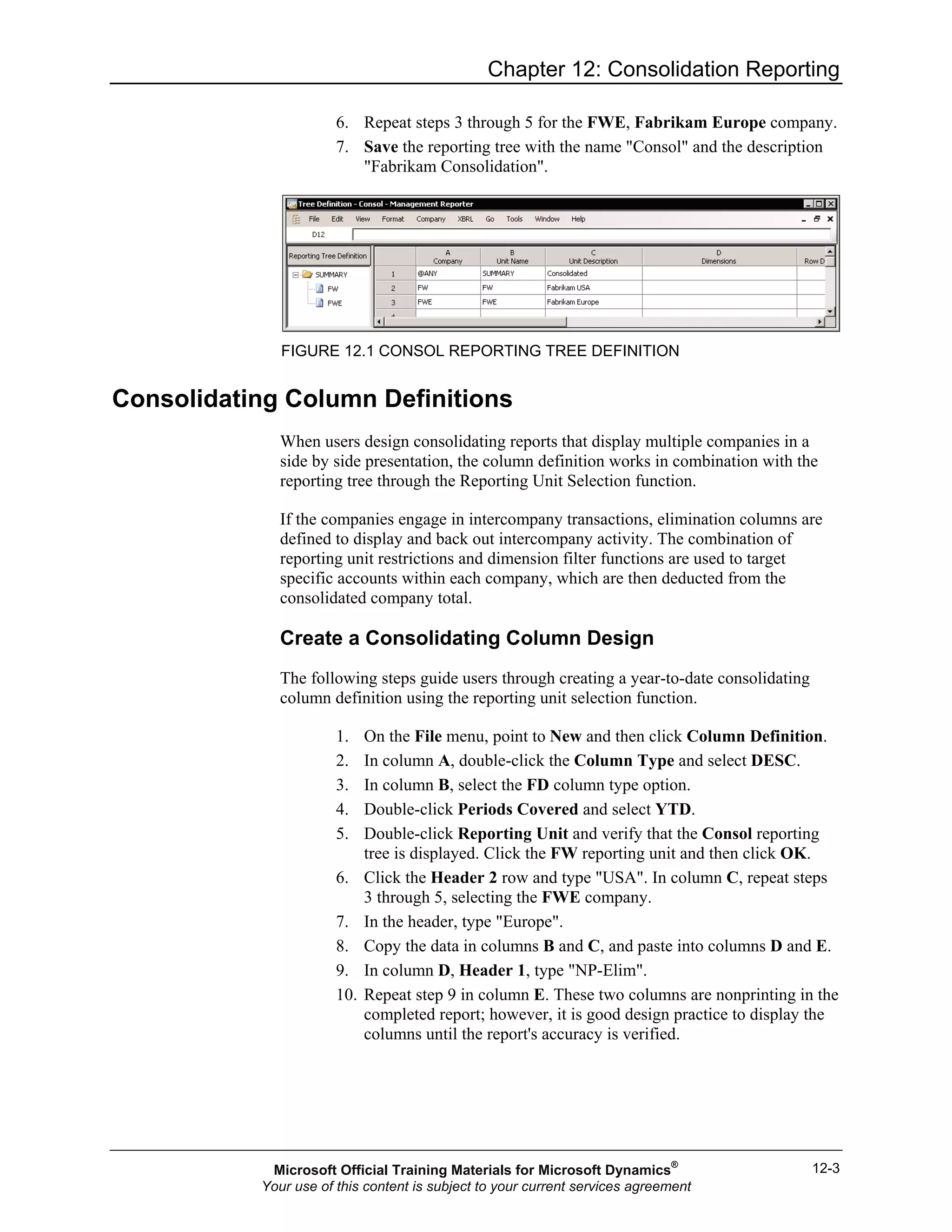 Chapter 12: Consolidation Reporting
12-3
6. Repeat steps 3 through 5 for the FWE, Fabrikam Europe company.
7. Save the reporting tree with the name "Consol" and the description
"Fabrikam Consolidation".
FIGURE 12.1 CONSOL REPORTING TREE DEFINITION
Consolidating Column Definitions
When users design consolidating reports that display multiple companies in a
side by side presentation, the column definition works in combination with the
reporting tree through the Reporting Unit Selection function.
If the companies engage in intercompany transactions, elimination columns are
defined to display and back out intercompany activity. The combination of
reporting unit restrictions and dimension filter functions are used to target
specific accounts within each company, which are then deducted from the
consolidated company total.
Create a Consolidating Column Design
The following steps guide users through creating a year-to-date consolidating
column definition using the reporting unit selection function.
1. On the File menu, point to New and then click Column Definition.
2. In column A, double-click the Column Type and select DESC.
3. In column B, select the FD column type option.
4. Double-click Periods Covered and select YTD.
5. Double-click Reporting Unit and verify that the Consol reporting
tree is displayed. Click the FW reporting unit and then click OK.
6. Click the Header 2 row and type "USA". In column C, repeat steps
3 through 5, selecting the FWE company.
7. In the header, type "Europe".
8. Copy the data in columns B and C, and paste into columns D and E.
9. In column D, Header 1, type "NP-Elim".
10. Repeat step 9 in column E. These two columns are nonprinting in the
completed report; however, it is good design practice to display the
columns until the report's accuracy is verified.
Microsoft Official Training Materials for Microsoft Dynamics®
Your use of this content is subject to your current services agreement
 