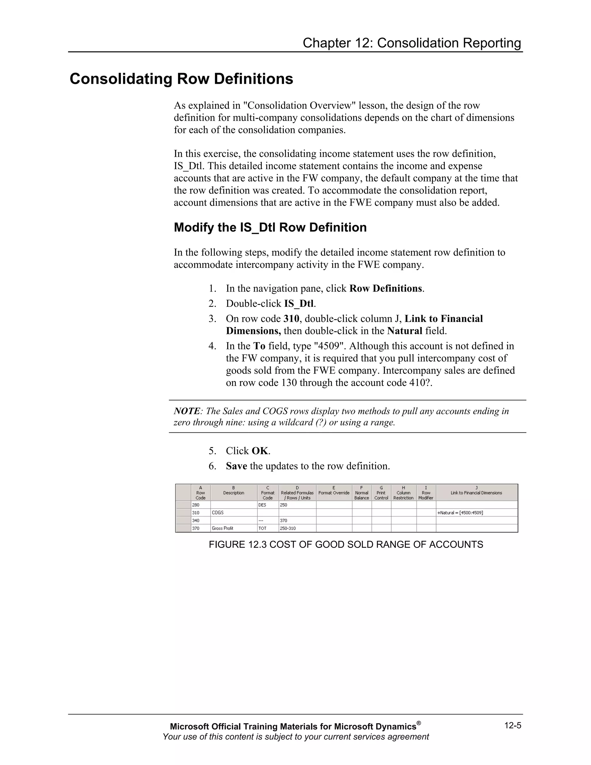 Chapter 12: Consolidation Reporting
12-5
Consolidating Row Definitions
As explained in "Consolidation Overview" lesson, the design of the row
definition for multi-company consolidations depends on the chart of dimensions
for each of the consolidation companies.
In this exercise, the consolidating income statement uses the row definition,
IS_Dtl. This detailed income statement contains the income and expense
accounts that are active in the FW company, the default company at the time that
the row definition was created. To accommodate the consolidation report,
account dimensions that are active in the FWE company must also be added.
Modify the IS_Dtl Row Definition
In the following steps, modify the detailed income statement row definition to
accommodate intercompany activity in the FWE company.
1. In the navigation pane, click Row Definitions.
2. Double-click IS_Dtl.
3. On row code 310, double-click column J, Link to Financial
Dimensions, then double-click in the Natural field.
4. In the To field, type "4509". Although this account is not defined in
the FW company, it is required that you pull intercompany cost of
goods sold from the FWE company. Intercompany sales are defined
on row code 130 through the account code 410?.
NOTE: The Sales and COGS rows display two methods to pull any accounts ending in
zero through nine: using a wildcard (?) or using a range.
5. Click OK.
6. Save the updates to the row definition.
FIGURE 12.3 COST OF GOOD SOLD RANGE OF ACCOUNTS
Microsoft Official Training Materials for Microsoft Dynamics®
Your use of this content is subject to your current services agreement
 