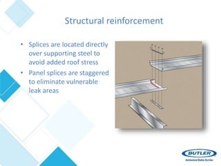 Structural reinforcement
• Splices are located directly
over supporting steel to
avoid added roof stress
• Panel splices are staggered
to eliminate vulnerable
leak areas
 