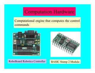 Computational engine that computes the control
commands
BASIC Stamp 2 ModuleRoboBoard Robotics Controller
Computation Hardware
 