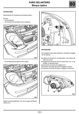 FARO DELANTERO
                                                  Bloque óptico                                                    80
EXTRACCIÓN

Desconectar los conectores del bloque óptico.

Extraer:
– el intermitente,
– los tornillos (A) de fijación de la calandra,




                                                                   REPOSICIÓN

                                                                   Es imperativo tras cada extracción, proceder al reglaje
                                                                   de las ópticas:

                                                                   q   colocar el vehículo en un suelo plano, con el freno de
                                                                       mano sin poner,
– los tornillos (B) de fijación de la óptica.                      q   asegurarse de que el vehículo esté vacío con, si es
                                                                       posible, el depósito lleno,
                                                                   q   posicionar el mando de reglaje en 0,
                                                                   q   accionar el tornillo (D) para el reglaje en altura,
                                                                   q   accionar el tornillo (E) para el reglaje en dirección.




Retirar la óptica liberando a la vez la grapa de fijación
inferior (C).




                                                            80-4
 