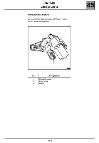 LIMPIAS
               Limpialuneta                             85
CONEXIÓN DEL MOTOR

La conexión de los motores es idéntica en versión
portón o puertas batientes.




                                                20243




    Vía                   Designación
     1       Mando limpias
     2       Parada fija
     3       Masa




                        85-6
 