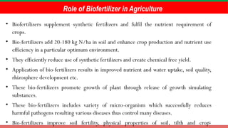 10
Role of Biofertilizer in Agriculture
• Biofertilizers supplement synthetic fertilizers and fulfil the nutrient requirement of
crops.
• Bio-fertilizers add 20-180 kg N/ha in soil and enhance crop production and nutrient use
efficiency in a particular optimum environment.
• They efficiently reduce use of synthetic fertilizers and create chemical free yield.
• Application of bio-fertilizers results in improved nutrient and water uptake, soil quality,
rhizosphere development etc.
• These bio-fertilizers promote growth of plant through release of growth simulating
substances.
• These bio-fertilizers includes variety of micro-organism which successfully reduces
harmful pathogens resulting various diseases thus control many diseases.
• Bio-fertilizers improve soil fertility, physical properties of soil, tilth and crop-
 