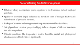11
Factor affecting Bio-fertilizer response
• Efficiency of any inoculant and micro-organisms to be determined by host plant and
genotype.
• Quality of inoculant largely influences its results in term of nitrogen fixation and
solubilisation of particular nutrients.
• Package of practices and management of crop alter results of bio- fertilizers.
• Soil physical and chemical properties highly influence impact of different inoculants
and micro-organisms.
• Climatic conditions like temperature, relative humidity, rainfall and photoperiod
affect response of biofertilizers significantly.
 