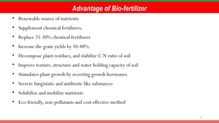 12
Advantage of Bio-fertilizer
• Renewable source of nutrients
• Supplement chemical fertilizers.
• Replace 25-30% chemical fertilizers
• Increase the grain yields by 10-40%.
• Decompose plant residues, and stabilize C:N ratio of soil
• Improve texture, structure and water holding capacity of soil
• Stimulates plant growth by secreting growth hormones.
• Secrete fungistatic and antibiotic like substances
• Solubilize and mobilize nutrients
• Eco-friendly, non-pollutants and cost effective method
 