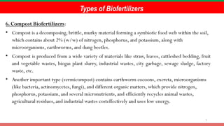 7
Types of Biofertilizers
6. Compost Biofertilizers:
• Compost is a decomposing, brittle, murky material forming a symbiotic food web within the soil,
which contains about 2% (w/w) of nitrogen, phosphorus, and potassium, along with
microorganisms, earthworms, and dung beetles.
• Compost is produced from a wide variety of materials like straw, leaves, cattleshed bedding, fruit
and vegetable wastes, biogas plant slurry, industrial wastes, city garbage, sewage sludge, factory
waste, etc.
• Another important type (vermicompost) contains earthworm cocoons, excreta, microorganisms
(like bacteria, actinomycetes, fungi), and different organic matters, which provide nitrogen,
phosphorus, potassium, and several micronutrients, and efficiently recycles animal wastes,
agricultural residues, and industrial wastes costeffectively and uses low energy.
 