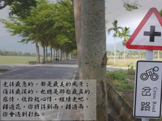 走得最急的，都是最美的風景；
傷得最深的，也總是那些最真的
感情，收拾起心情，繼續走吧。
錯過花，你將得到雨，錯過雨，
你會遇到彩虹。
 