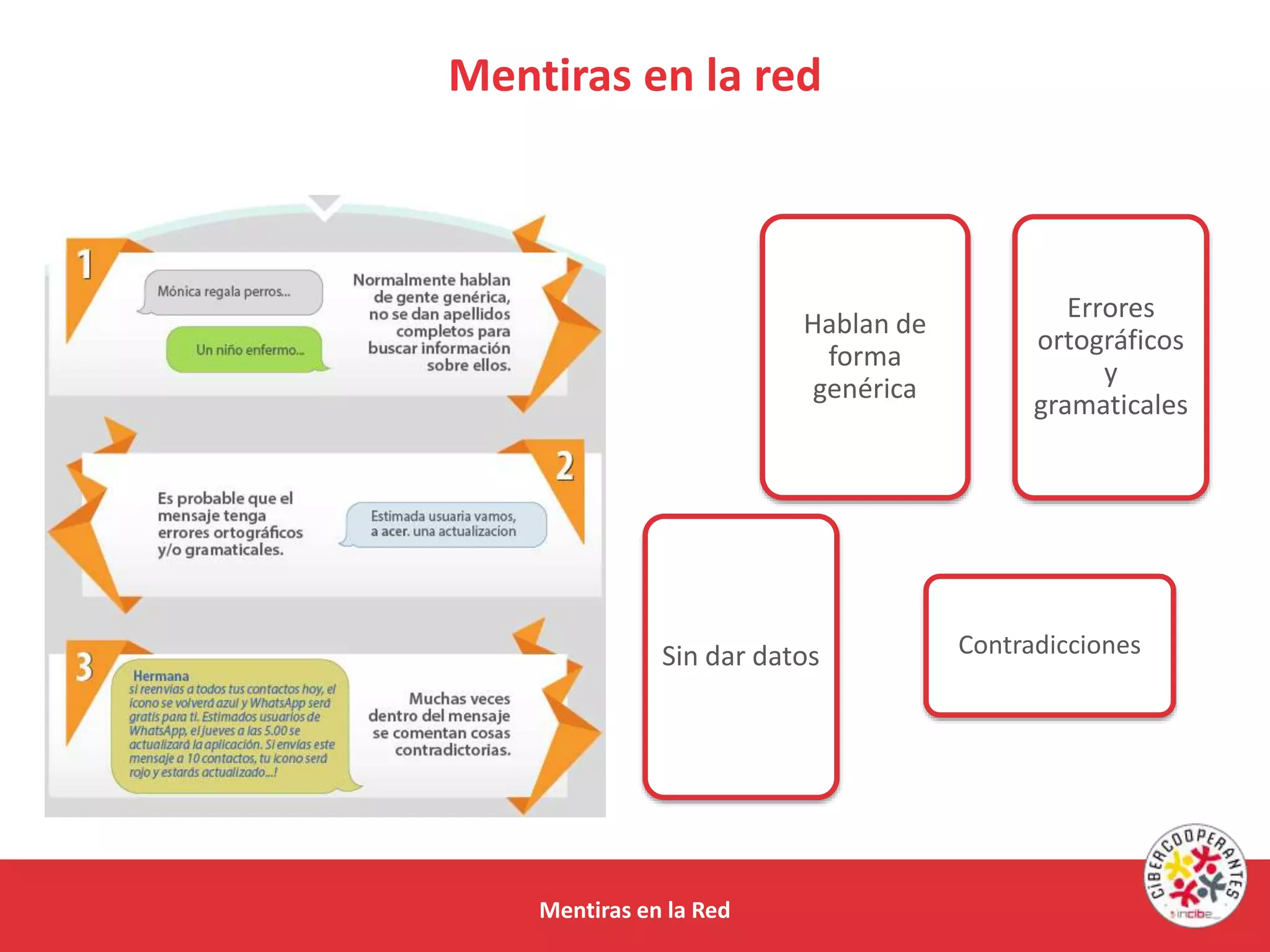 Mentiras en la red
Mentiras en la Red
Hablan de
forma
genérica
Sin dar datos Contradicciones
Errores
ortográficos
y
gramaticales
 