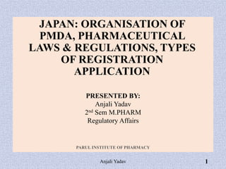 JAPAN: ORGANISATION OF
PMDA, PHARMACEUTICAL
LAWS & REGULATIONS, TYPES
OF REGISTRATION
APPLICATION
PARUL INSTITUTE OF PHARMACY
PRESENTED BY:
Anjali Yadav
2nd Sem M.PHARM
Regulatory Affairs
1
Anjali Yadav
 