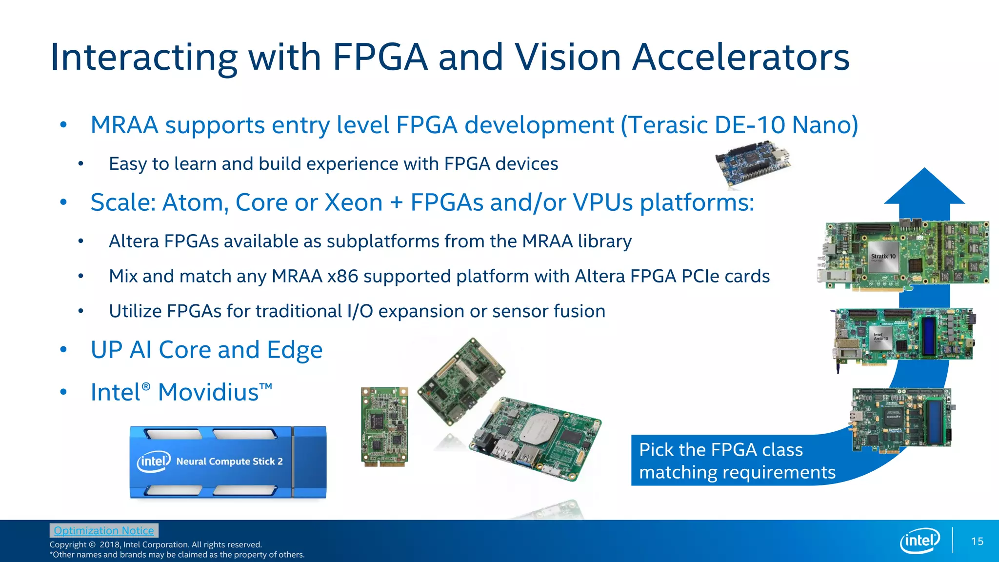 Copyright © 2018, Intel Corporation. All rights reserved.
*Other names and brands may be claimed as the property of others.
Optimization Notice
15
Interacting with FPGA and Vision Accelerators
• MRAA supports entry level FPGA development (Terasic DE-10 Nano)
• Easy to learn and build experience with FPGA devices
• Scale: Atom, Core or Xeon + FPGAs and/or VPUs platforms:
• Altera FPGAs available as subplatforms from the MRAA library
• Mix and match any MRAA x86 supported platform with Altera FPGA PCIe cards
• Utilize FPGAs for traditional I/O expansion or sensor fusion
• UP AI Core and Edge
• Intel® Movidius™
Pick the FPGA class
matching requirements
 
