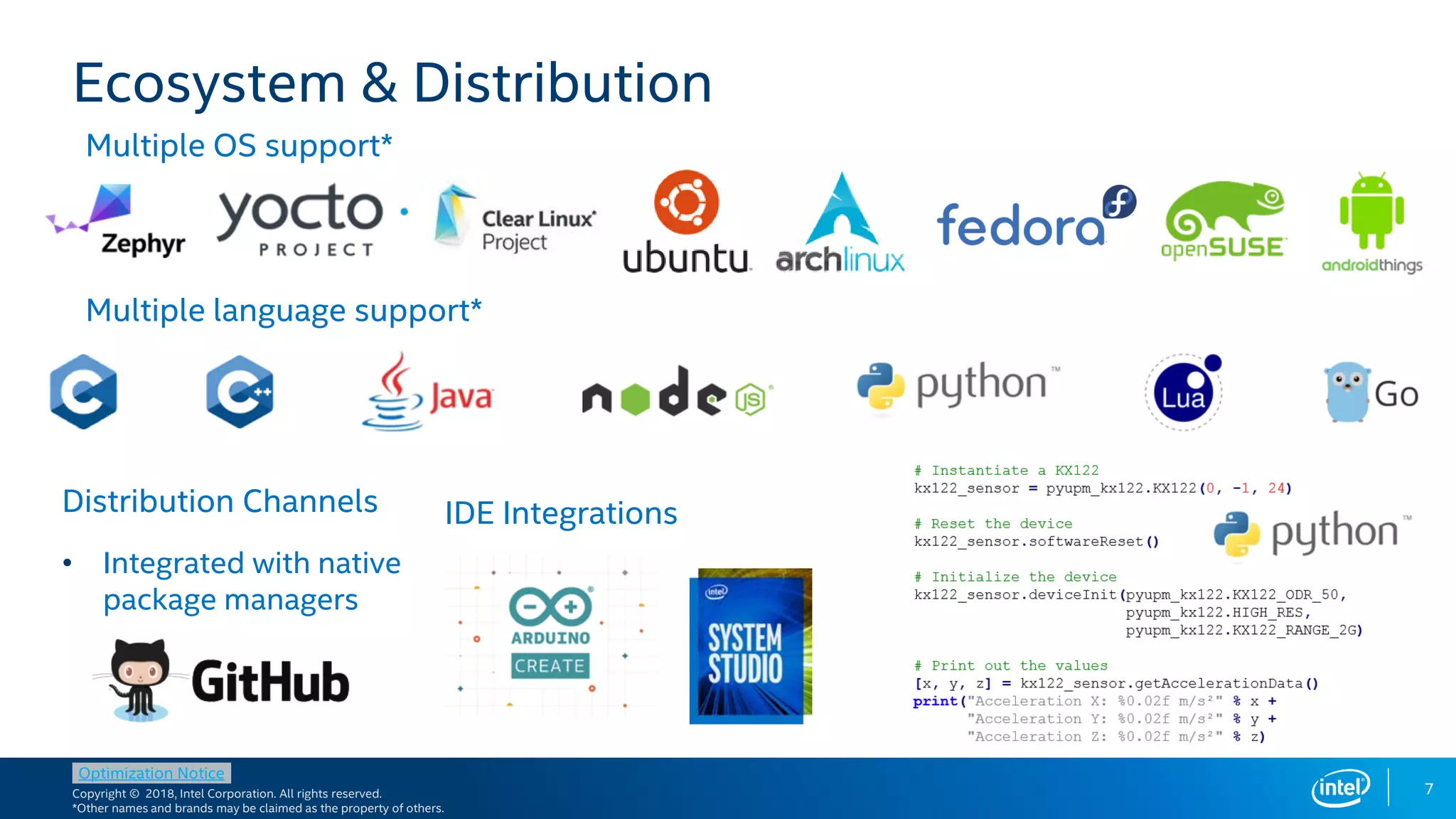 Copyright © 2018, Intel Corporation. All rights reserved.
*Other names and brands may be claimed as the property of others.
Optimization Notice
7
Distribution Channels
• Integrated with native
package managers
Ecosystem & Distribution
Multiple OS support*
Multiple language support*
IDE Integrations
 