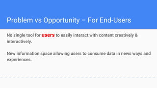 Problem vs Opportunity – For End-Users
No single tool for users to easily interact with content creatively &
interactively.
New information space allowing users to consume data in news ways and
experiences.
 