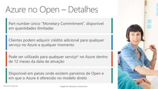 Part number único “Monetary Commitment”, disponível
em quantidades ilimitadas
Clientes podem adquirir crédito adicional para qualquer
serviço no Azure a qualquer momento
Pode ser utilizado para qualquer serviço* no Azure dentro
de 12 meses da data de ativação
Disponível em países onde existem parceiros de Open e
em que o Azure é oferecido no modelo direto
14
 