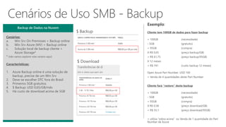 Backup de Dados na Nuvem
Cenários:
a. Win Srv On Premisses + Backup online
b. Win Srv Azure (MV) + Backup online
c. Solução local de backup cliente +
Azure Storage*
* (não vamos explorer este cenário aqui)
Características:
1. Azure Backup online é uma solução de
backup, precise de um Win Srv
2. Deve-se escolher DTC fora do Brasil
3. Primeiros 5GB gratuitos
4. $ Backup: USD 0,65/GB/mês
5. Há custo de download acima de 5GB
 