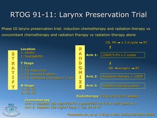 RTOG 91-11: Larynx Preservation Trial
Phase III larynx preservation trial: induction chemotherapy and radiation therapy vs
concomitant chemotherapy and radiation therapy vs radiation therapy alone

                                                                CR, PR    x 3 d cycle    RT

          Location                             R
     S    1. Glottic                           A
          2. Supraglottic                           Arm 1:    CDDP/5-FU x 2 cycles
     T                                         N
     R    T Stage                              D
     A    1. T2                                O                 NR      surgery   RT
          2. T3, fixed cord
     T    3. T3, no cord fixation
                                               M
     I    4. T4, with base of tongue ≤ 1 cm    I    Arm 2:    Radiation therapy + CDDP
     F                                         Z
     Y    N Stage                              E    Arm 3:    Radiation therapy alone
          1. N0, N1
          2. N2, N3
                                              Radiotherapy: 70 Gy in 35 f in 7 weeks
             Chemotherapy
   2012      Arm 1: cisplatin 100 mg/m2/5-FU 1 gm/m2/24 hrs CVI x 120o q3wks x 3
             Arm 2: cisplatin 100 mg/m2 Days 1, 22, 43 of RT

                                       Forastiere AA, et al. N Engl J Med. 2003;349:2091-2098
 