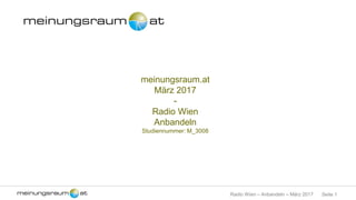 Seite 1Radio Wien – Anbandeln – März 2017
meinungsraum.at
März 2017
-
Radio Wien
Anbandeln
Studiennummer: M_3008
 