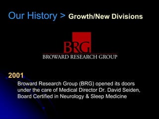 Our History > Growth/New Divisions




2001
  Broward Research Group (BRG) opened its doors
  under the care of Medical Director Dr. David Seiden,
  Board Certified in Neurology & Sleep Medicine
 