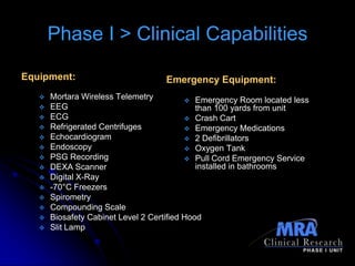 Phase I > Clinical Capabilities

Equipment:                          Emergency Equipment:
      Mortara Wireless Telemetry           Emergency Room located less
      EEG                                    than 100 yards from unit
      ECG                                  Crash Cart
      Refrigerated Centrifuges             Emergency Medications
      Echocardiogram                       2 Defibrillators
      Endoscopy                            Oxygen Tank
      PSG Recording                        Pull Cord Emergency Service
      DEXA Scanner                           installed in bathrooms
      Digital X-Ray
      -70°C Freezers
      Spirometry
      Compounding Scale
      Biosafety Cabinet Level 2 Certified Hood
      Slit Lamp
 