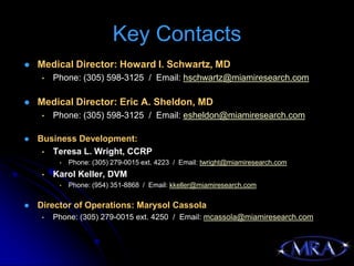 Key Contacts
   Medical Director: Howard I. Schwartz, MD
     •   Phone: (305) 598-3125 / Email: hschwartz@miamiresearch.com

   Medical Director: Eric A. Sheldon, MD
     •   Phone: (305) 598-3125 / Email: esheldon@miamiresearch.com

   Business Development:
     • Teresa L. Wright, CCRP
          •   Phone: (305) 279-0015 ext. 4223 / Email: twright@miamiresearch.com
     •   Karol Keller, DVM
          •   Phone: (954) 351-8868 / Email: kkeller@miamiresearch.com

   Director of Operations: Marysol Cassola
     •   Phone: (305) 279-0015 ext. 4250 / Email: mcassola@miamiresearch.com
 