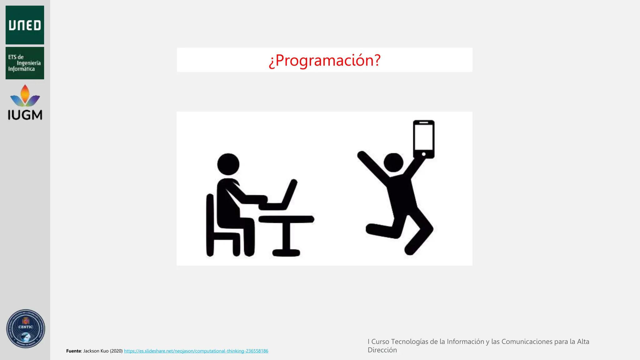 Fuente: Jackson Kuo (2020) https://es.slideshare.net/neojason/computational-thinking-236558186
¿Programación?
 