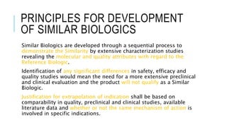PRINCIPLES FOR DEVELOPMENT
OF SIMILAR BIOLOGICS
Similar Biologics are developed through a sequential process to
demonstrate the Similarity by extensive characterization studies
revealing the molecular and quality attributes with regard to the
Reference Biologic.
Identification of any significant differences in safety, efficacy and
quality studies would mean the need for a more extensive preclinical
and clinical evaluation and the product will not qualify as a Similar
Biologic.
Justification for extrapolation of indication shall be based on
comparability in quality, preclinical and clinical studies, available
literature data and whether or not the same mechanism of action is
involved in specific indications.
 