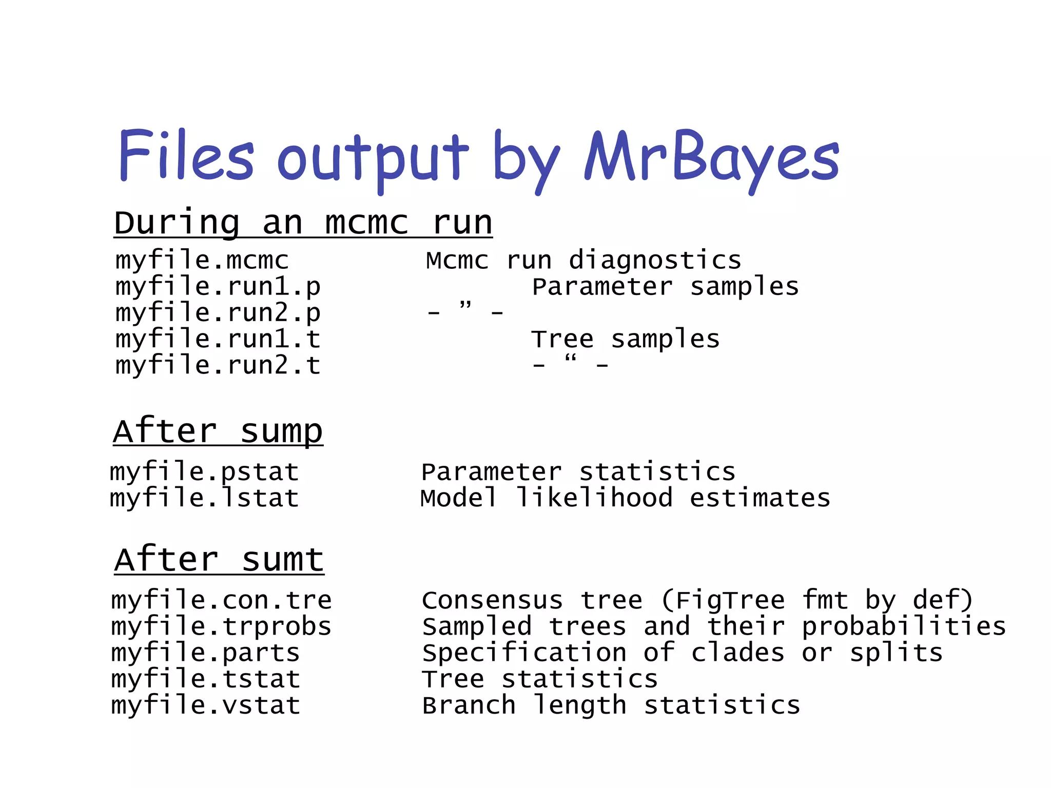 Files output by MrBayes
During an mcmc run
myfile.mcmc Mcmc run diagnostics
myfile.run1.p Parameter samples
myfile.run2.p - ” -
myfile.run1.t Tree samples
myfile.run2.t - “ -
After sump
myfile.pstat Parameter statistics
myfile.lstat Model likelihood estimates
After sumt
myfile.con.tre Consensus tree (FigTree fmt by def)
myfile.trprobs Sampled trees and their probabilities
myfile.parts Specification of clades or splits
myfile.tstat Tree statistics
myfile.vstat Branch length statistics
 
