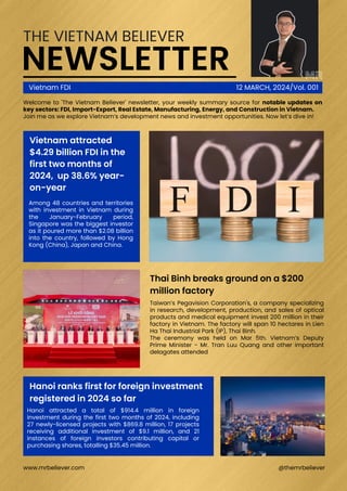 NEWSLETTER MR
12 MARCH, 2024/Vol. 001
www.mrbeliever.com @themrbeliever
THE VIETNAM BELIEVER
Vietnam FDI
Vietnam attracted
$4.29 billion FDI in the
first two months of
2024, up 38.6% year-
on-year
Thai Binh breaks ground on a $200
million factory
Hanoi ranks first for foreign investment
registered in 2024 so far
Welcome to 'The Vietnam Believer' newsletter, your weekly summary source for notable updates on
key sectors: FDI, Import-Export, Real Estate, Manufacturing, Energy, and Construction in Vietnam.
Join me as we explore Vietnam’s development news and investment opportunities. Now let’s dive in!
Among 48 countries and territories
with investment in Vietnam during
the January-February period,
Singapore was the biggest investor
as it poured more than $2.08 billion
into the country, followed by Hong
Kong (China), Japan and China.
Taiwan’s Pegavision Corporation's, a company specializing
in research, development, production, and sales of optical
products and medical equipment invest 200 million in their
factory in Vietnam. The factory will span 10 hectares in Lien
Ha Thai Industrial Park (IP), Thai Binh.
The ceremony was held on Mar 5th. Vietnam’s Deputy
Prime Minister - Mr. Tran Luu Quang and other important
delagates attended
Hanoi attracted a total of $914.4 million in foreign
investment during the first two months of 2024, including
27 newly-licensed projects with $869.8 million, 17 projects
receiving additional investment of $9.1 million, and 21
instances of foreign investors contributing capital or
purchasing shares, totalling $35.45 million.
 