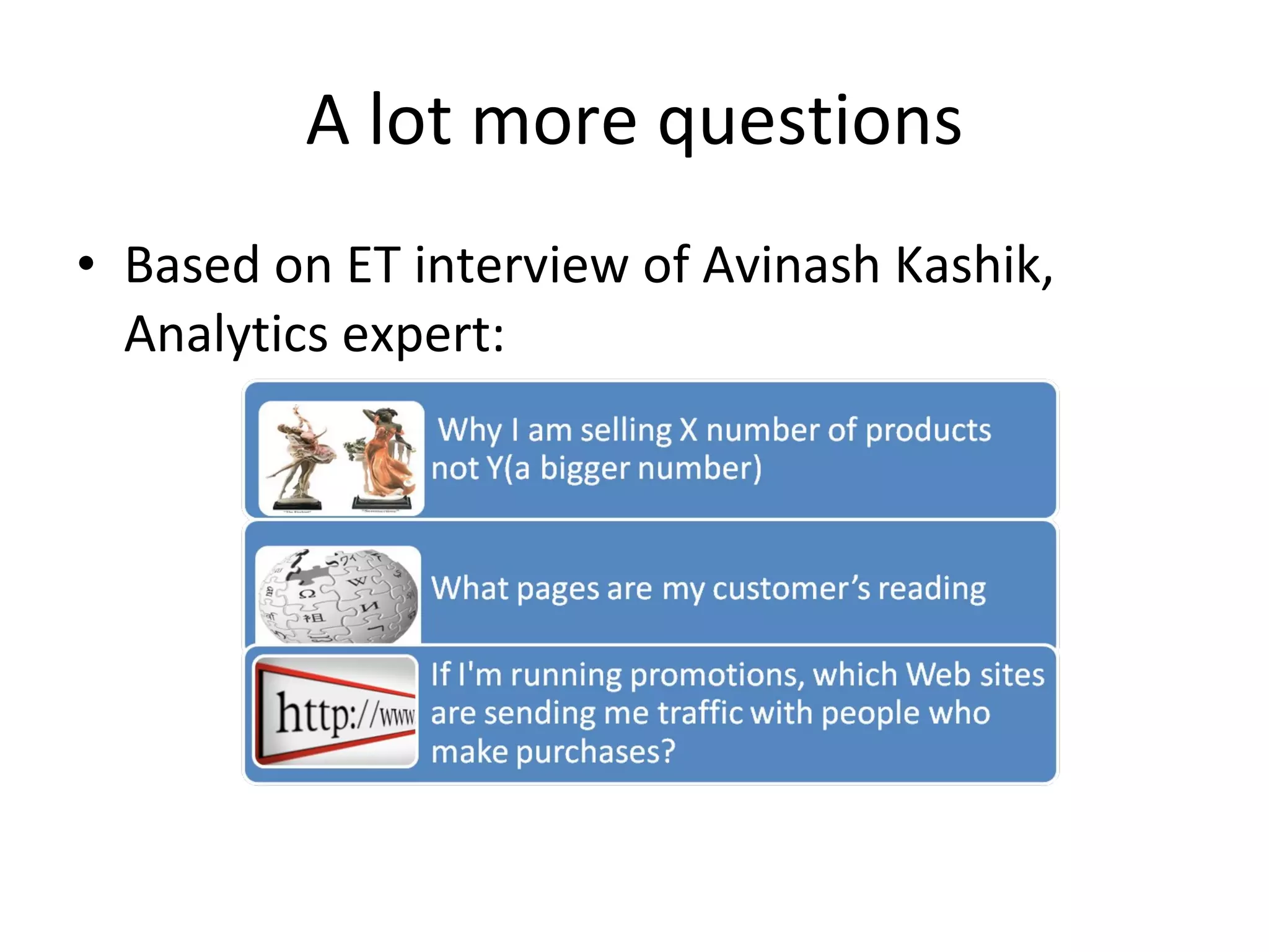 A lot more questions Based on ET interview of Avinash Kashik, Analytics expert: What pages are my customer’s reading 