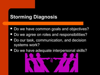 Storming Diagnosis
 Do we have common goals and objectives?
 Do we agree on roles and responsibilities?
 Do our task, communication, and decision
systems work?
 Do we have adequate interpersonal skills?
 