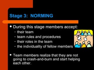 Stage 3: NORMINGStage 3: NORMING
During this stage members accept:
– their team
– team rules and procedures
– their roles in the team
– the individuality of fellow members
 Team members realize that they are not
going to crash-and-burn and start helping
each other.
 