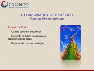1- PLANEJAMENTO ESTRATÉGICO
                 Fase do Direcionamento

Conceito de Visão
 Quadro concreto, descritível
 Elemento de futuro que busca-se
alcançar a longo prazo
 Deve ser de possível avaliação
 
