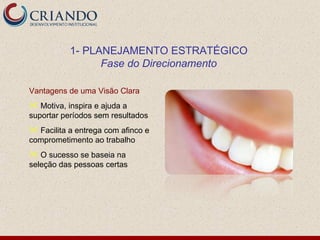 1- PLANEJAMENTO ESTRATÉGICO
                 Fase do Direcionamento

Vantagens de uma Visão Clara
 Motiva, inspira e ajuda a
suportar períodos sem resultados
 Facilita a entrega com afinco e
comprometimento ao trabalho
 O sucesso se baseia na
seleção das pessoas certas
 