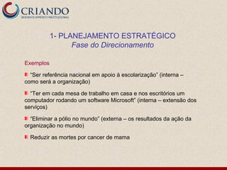1- PLANEJAMENTO ESTRATÉGICO
                 Fase do Direcionamento

Exemplos

  “Ser referência nacional em apoio à escolarização” (interna –
como será a organização)

  “Ter em cada mesa de trabalho em casa e nos escritórios um
computador rodando um software Microsoft” (interna – extensão dos
serviços)

  “Eliminar a pólio no mundo” (externa – os resultados da ação da
organização no mundo)

  Reduzir as mortes por cancer de mama
 