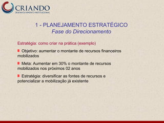 1 - PLANEJAMENTO ESTRATÉGICO
                Fase do Direcionamento

Estratégia: como criar na prática (exemplo)
 Objetivo: aumentar o montante de recursos financeiros
mobilizados
 Meta: Aumentar em 30% o montante de recursos
mobilizados nos próximos 02 anos
  Estratégia: diversificar as fontes de recursos e
potencializar a mobilização já existente
 