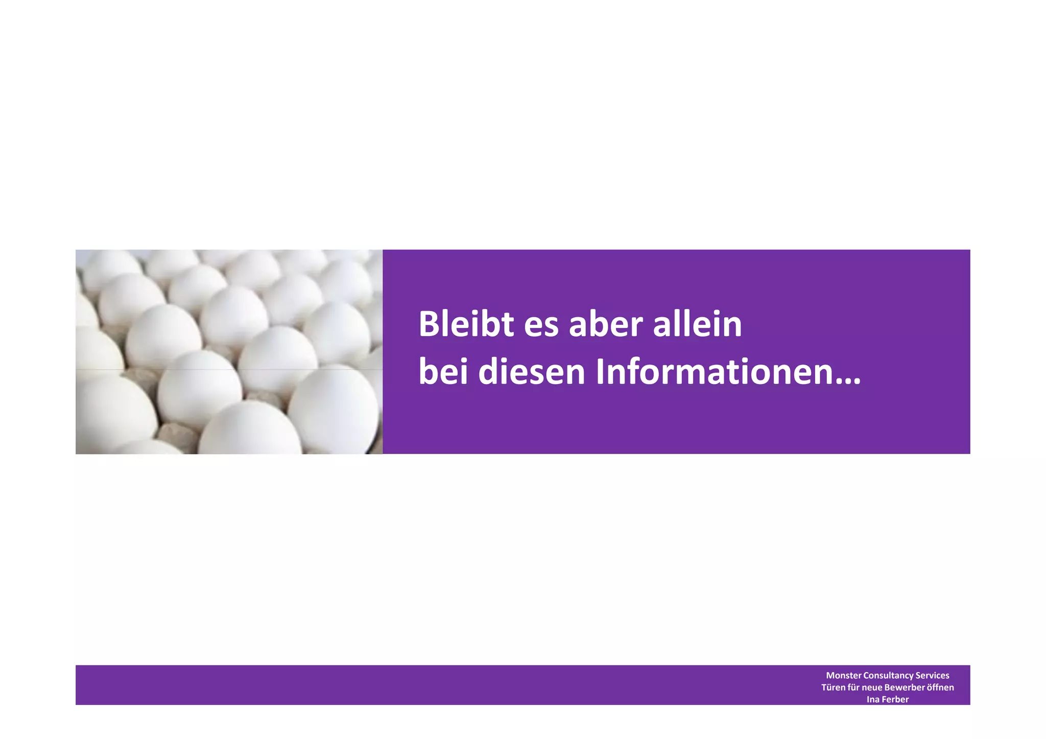 Bleibt es aber allein
bei diesen Informationen…




                       Monster Consultancy Services
                      Türen für neue Bewerber öffnen
                                 Ina Ferber
 