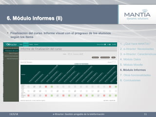 •  Finalización del curso. Informe visual con el progreso de los alumnos
según los items
13/3/18	
   11	
  
6. Módulo Informes (II)
1.  ¿Qué hace MANTIA?
2.  e-Xtractor: Necesidades
3.  e-Xtractor: Características
4.  Módulo Datos
5.  Módulo Moodle
6.  Módulo Informes
7.  Otras funcionalidades
8.  Conclusiones
e-­‐Xtractor:	
  Ges1ón	
  amigable	
  de	
  la	
  teleformación	
  
 