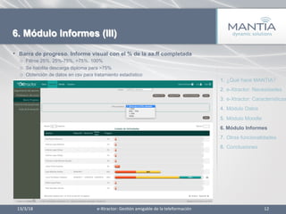 •  Barra de progreso. Informe visual con el % de la aa.ff completada
o  Filtros 25%, 25%-75%, >75%, 100%
o  Se habilita descarga diploma para >75%
o  Obtención de datos en csv para tratamiento estadístico
13/3/18	
   12	
  
6. Módulo Informes (III)
1.  ¿Qué hace MANTIA?
2.  e-Xtractor: Necesidades
3.  e-Xtractor: Características
4.  Módulo Datos
5.  Módulo Moodle
6.  Módulo Informes
7.  Otras funcionalidades
8.  Conclusiones
e-­‐Xtractor:	
  Ges1ón	
  amigable	
  de	
  la	
  teleformación	
  
 