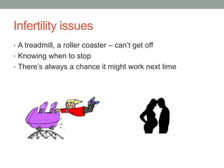 Infertility issues
• A treadmill, a roller coaster – can’t get off
• Knowing when to stop
• There’s always a chance it might work next time
 