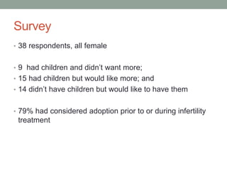 Survey
• 38 respondents, all female
• 9 had children and didn’t want more;
• 15 had children but would like more; and
• 14 didn’t have children but would like to have them
• 79% had considered adoption prior to or during infertility
treatment
 