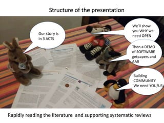 OurOur story is
In 3 ACTS
Our
We’ll show
you WHY we
need OPEN
Our
Then a DEMO
of SOFTWARE
getpapers and
AMI
Our
Building
COMMUNITY
We need YOU/US
Structure of the presentation
Rapidly reading the literature and supporting systematic reviews
 