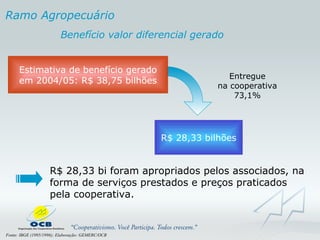 R$ 28,33 bi foram apropriados pelos associados, na forma de serviços prestados e preços praticados pela cooperativa. Entregue na cooperativa 73,1% R$ 28,33 bilhões Benefício valor diferencial gerado  Fonte: IBGE (1995/1996); Elaboração: GEMERC/OCB Ramo Agropecuário Estimativa de benefício gerado em 2004/05: R$ 38,75 bilhões 