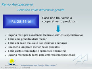 R$ 28,33 bi Caso não houvesse a cooperativa, o produtor: Fonte: IBGE (1995/1996); Elaboração: GEMERC/OCB Benefício valor diferencial gerado  Ramo Agropecuário 