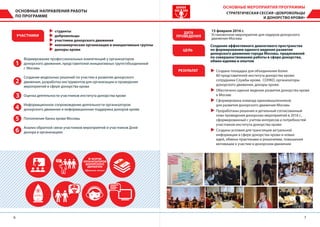 76
ОСНОВНЫЕ НАПРАВЛЕНИЯ РАБОТЫ
ПО ПРОГРАММЕ
СТРАТЕГИЧЕСКАЯ СЕССИЯ «ДОБРОВОЛЬЦЫ
И ДОНОРСТВО КРОВИ»
ОСНОВНЫЕ МЕРОПРИЯТИЯ ПРОГРАММЫ
Создание эффективного диалогового пространства
по формированию единого видения развития
донорского движения города Москвы, предложений
по совершенствованию работы в сфере донорства,
обмен идеями и опытом
ЦЕЛЬ
РЕЗУЛЬТАТ
15 февраля 2016 г.
Установочное мероприятие для лидеров донорского
движения Москвы
ДАТА
ПРОВЕДЕНИЯ
Формирование профессиональных компетенций у организаторов
донорского движения, представителей инициативных групп/объединений
г. Москвы
Создание модельных решений по участию в развитии донорского
движения, разработка инструментов для организации и проведения
мероприятий в сфере донорства крови
Оценка деятельности участников института донорства крови
Информационное сопровождение деятельности организаторов
донорского движения и информационная поддержка доноров крови
Пополнение банка крови Москвы
Анализ обратной связи участников мероприятий и участников Дней
донора в организациях
1
2
3
4
5
6
XX студенты
XX добровольцы
XX участники донорского движения
XX некоммерческие организации и инициативные группы
XX доноры крови
XX Создана площадка для объединения более
80 представителей института донорства крови:
сотрудники Службы крови, СОНКО, организаторы
донорского движения, доноры крови.
XX Обеспечено единое видение развития донорства крови
в Москве
XX Сформирована команда единомышленников
для развития донорского движения Москвы
XX Проработаны решения и детальный согласованный
план проведения донорских мероприятий в 2016 г.,
сформированный с учетом интересов и потребностей
участников института донорства крови
XX Созданы условия для трансляции актуальной
информации в сфере донорства крови и новых
идей, обмена практиками и решениями, повышения
мотивации к участию в донорском движении
УЧАСТНИКИ
 