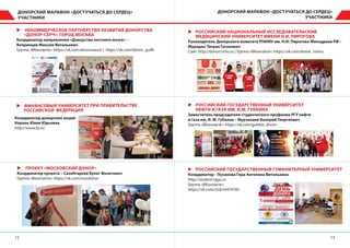 1312
ДОНОРСКИЙ МАРАФОН «ДОСТУЧАТЬСЯ ДО СЕРДЕЦ»
УЧАСТНИКИ
ДОНОРСКИЙ МАРАФОН «ДОСТУЧАТЬСЯ ДО СЕРДЕЦ»
УЧАСТНИКИ
XX НЕКОММЕРЧЕСКОЕ ПАРТНЁРСТВО РАЗВИТИЯ ДОНОРСТВА
«ДОНОР-СЁРЧ», ГОРОД МОСКВА
Координатор направления «Донорство костного мозга» –
Вепринцев Максим Витальевич
Группа «ВКонтакте»: https://vk.com/donorsearch | https://vk.com/donor_guifk
Координатор донорских акций -
Король Юлия Юрьевна
http://www.fa.ru/
XX РОССИЙСКИЙ НАЦИОНАЛЬНЫЙ ИССЛЕДОВАТЕЛЬСКИЙ
МЕДИЦИНСКИЙ УНИВЕРСИТЕТ ИМЕНИ Н.И. ПИРОГОВА
Руководитель Донорского комитета РНИМУ им. Н.И. Пирогова Минздрава РФ –
Мурадян Тигран Гагикович
Сайт: http://donor.rsmu.ru | Группа «ВКонтакте»: https://vk.com/donor_rnimu
XX РОССИЙСКИЙ ГОСУДАРСТВЕННЫЙ УНИВЕРСИТЕТ
НЕФТИ И ГАЗА ИМ. И.М. ГУБКИНА
Заместитель председателя студенческого профкома РГУ нефти
и газа им. И. М. Губкина – Мурзанаев Валерий Георгиевич
Группа «ВКонтакте»: https://vk.com/gubkin_donor
XX РОССИЙСКИЙ ГОСУДАРСТВЕННЫЙ ГУМАНИТАРНЫЙ УНИВЕРСИТЕТ
Координатор - Пуханова Гера-Ангелина Витальевна
http://student.rggu.ru
Группа «ВКонтакте»:
https://vk.com/club16479782
XX ПРОЕКТ «МОСКОВСКИЙ ДОНОР»
Координатор проекта – Сахибгареев Булат Фазитович
Группа «Вконтакте»: https://vk.com/mosdonor
XX ФИНАНСОВЫЙ УНИВЕРСИТЕТ ПРИ ПРАВИТЕЛЬСТВЕ
РОССИЙСКОЙ ФЕДЕРАЦИИ
 