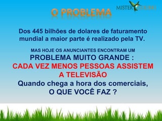 Dos 445 bilhões de dolares de faturamento mundial a maior parte é realizado pela TV.  MAS HOJE OS ANUNCIANTES ENCONTRAM UM  PROBLEMA MUITO GRANDE :  CADA VEZ MENOS PESSOAS ASSISTEM A TELEVISÃO Quando chega a hora dos comerciais, O QUE VOCÊ FAZ ? 