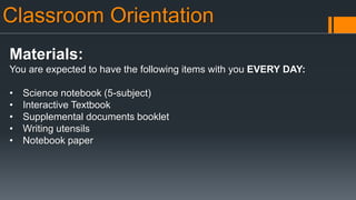 Classroom Orientation
Materials:
You are expected to have the following items with you EVERY DAY:
• Science notebook (5-subject)
• Interactive Textbook
• Supplemental documents booklet
• Writing utensils
• Notebook paper
 