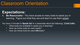 Classroom Orientation
Expectations:
1. Be Resourceful – You have access to many tools to assist you in
learning. Figure out what they are and learn to use them wisely.
You have 3 minutes to Speak Up! to a classmate about the following: (Cold Calls)
• What tools are available to assist you in learning?
• How can those tools be used wisely?
• How can those tools be used UNwisely?
 