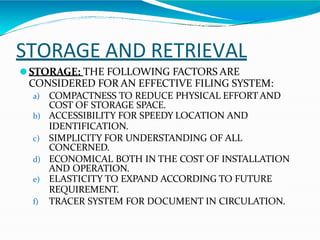 STORAGE AND RETRIEVAL
⚫STORAGE: THE FOLLOWING FACTORS ARE
CONSIDERED FOR AN EFFECTIVE FILING SYSTEM:
a) COMPACTNESS TO REDUCE PHYSICAL EFFORT AND
COST OF STORAGE SPACE.
b) ACCESSIBILITY FOR SPEEDY LOCATION AND
IDENTIFICATION.
c) SIMPLICITY FOR UNDERSTANDING OF ALL
CONCERNED.
d) ECONOMICAL BOTH IN THE COST OF INSTALLATION
AND OPERATION.
e) ELASTICITY TO EXPAND ACCORDING TO FUTURE
REQUIREMENT.
f) TRACER SYSTEM FOR DOCUMENT IN CIRCULATION.
 